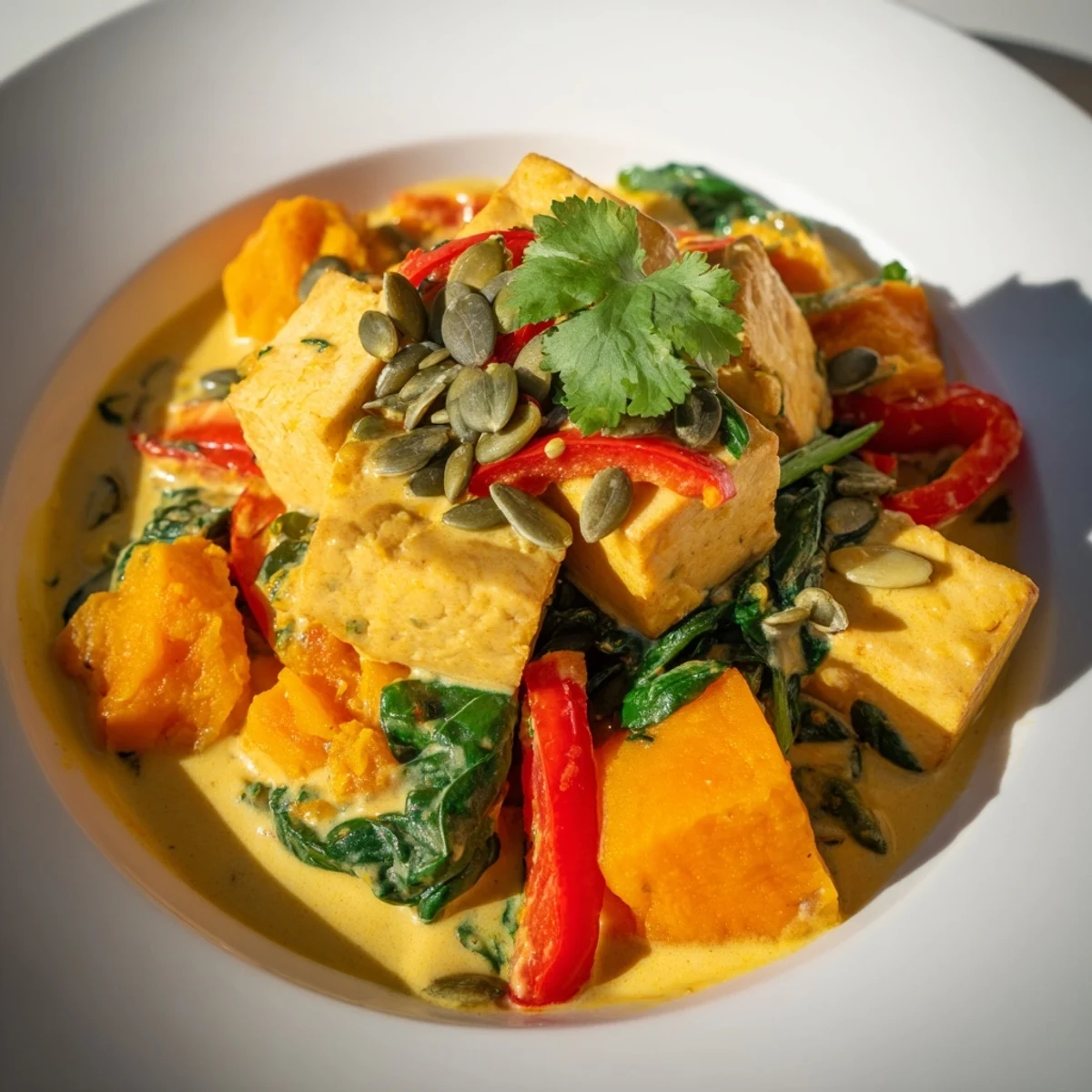 Golden brown tofu and tender orange pumpkin cubes simmered in creamy coconut curry sauce