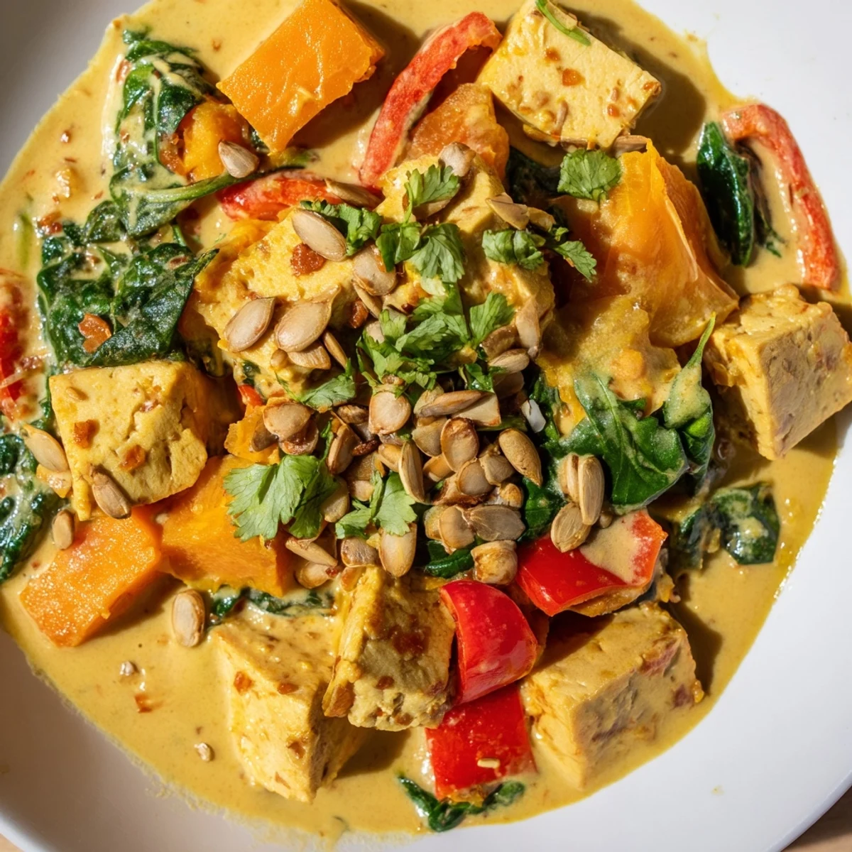 Hearty Indian-inspired pumpkin tofu curry featuring crispy protein pieces in rich aromatic coconut broth