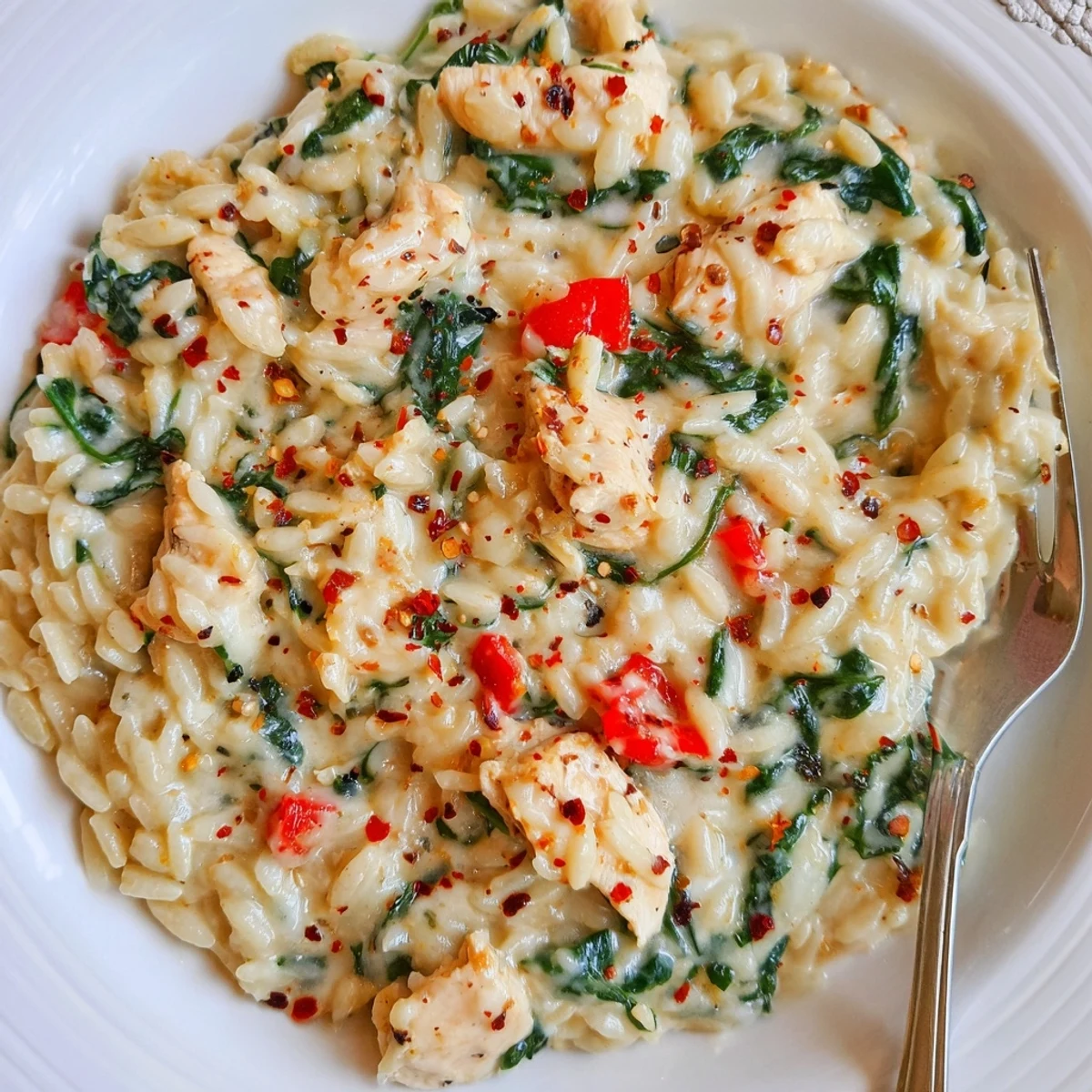 Spoonful of rich cheesy chicken risoni featuring diced chicken breast and orzo pasta in a savory tomato broth