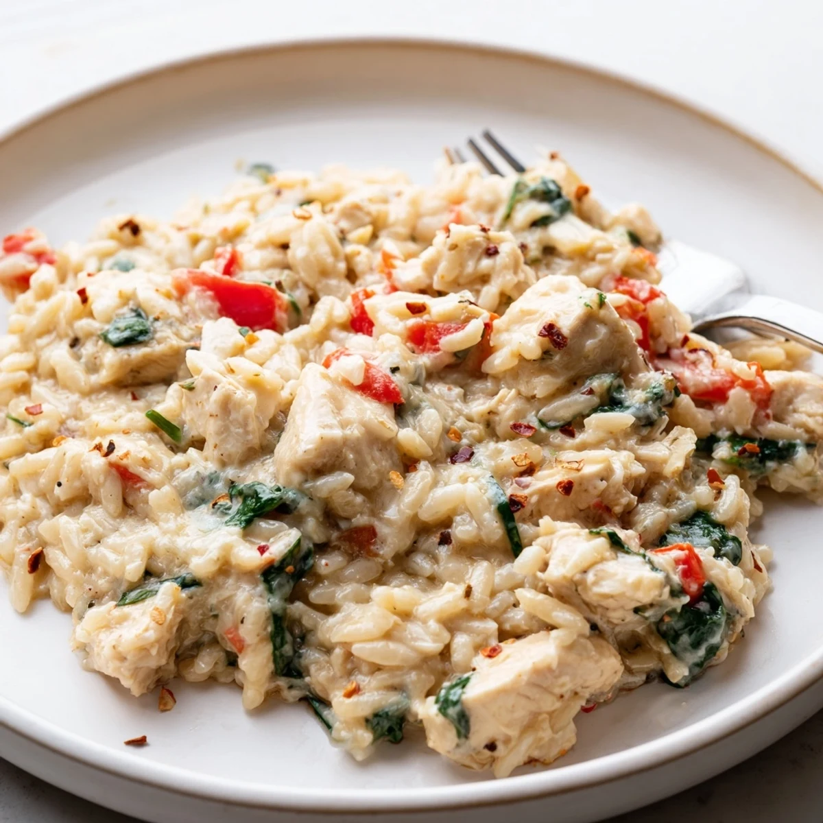 Creamy thirty minute cheesy chicken risoni pasta dish topped with grated Parmesan in a deep cast iron pan