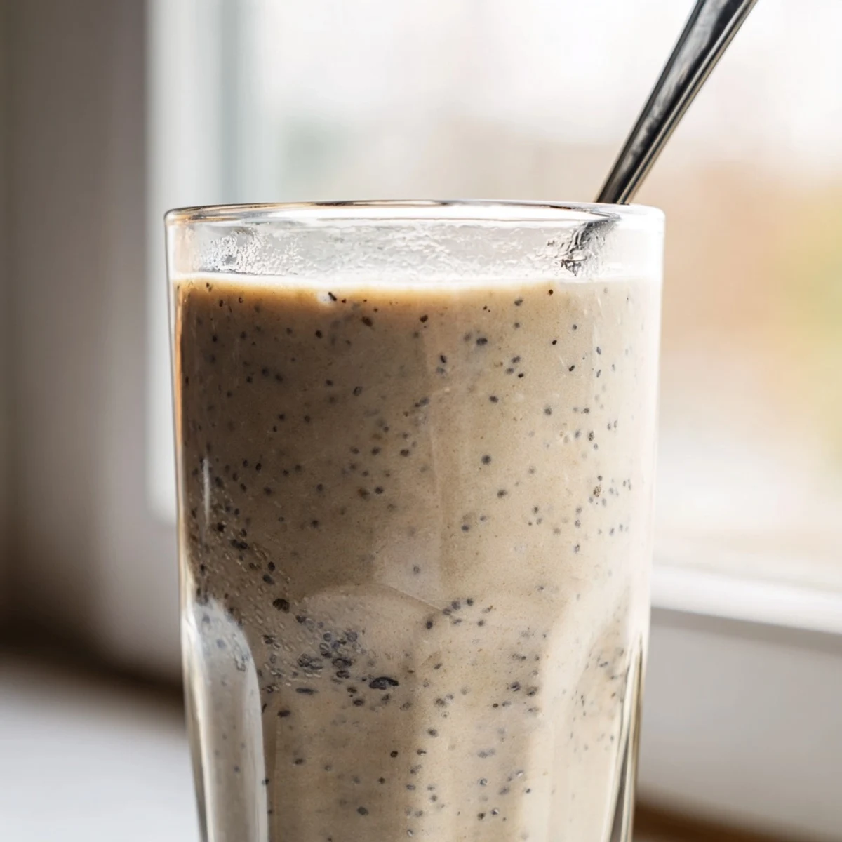 Creamy Greek yogurt banana smoothie poured into a tall glass with ice cubes on a sunny morning counter