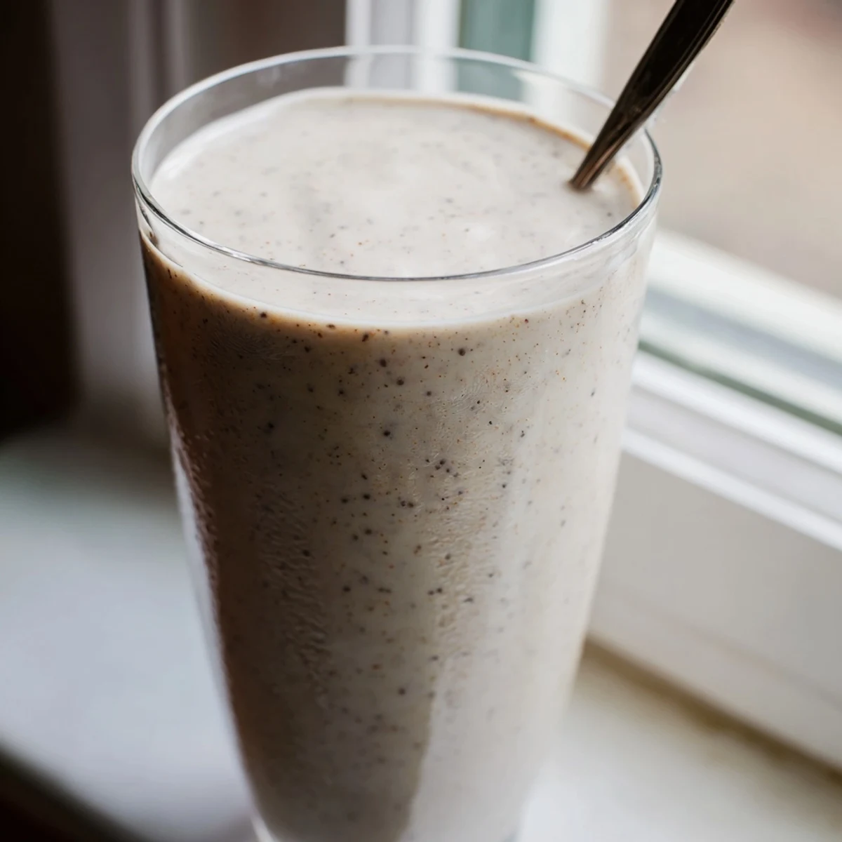 Golden yellow Greek yogurt banana smoothie in a mason jar with straw and honey drizzle on wooden table