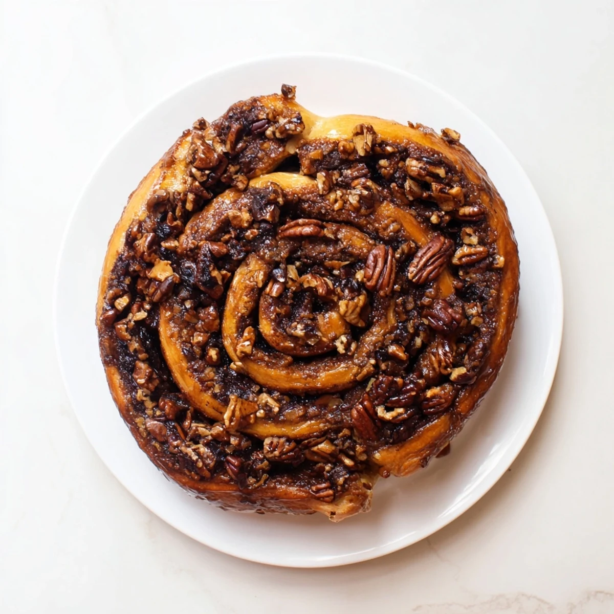 Golden Vietnamese cinnamon date sticky buns dripping with caramel glaze on a serving platter