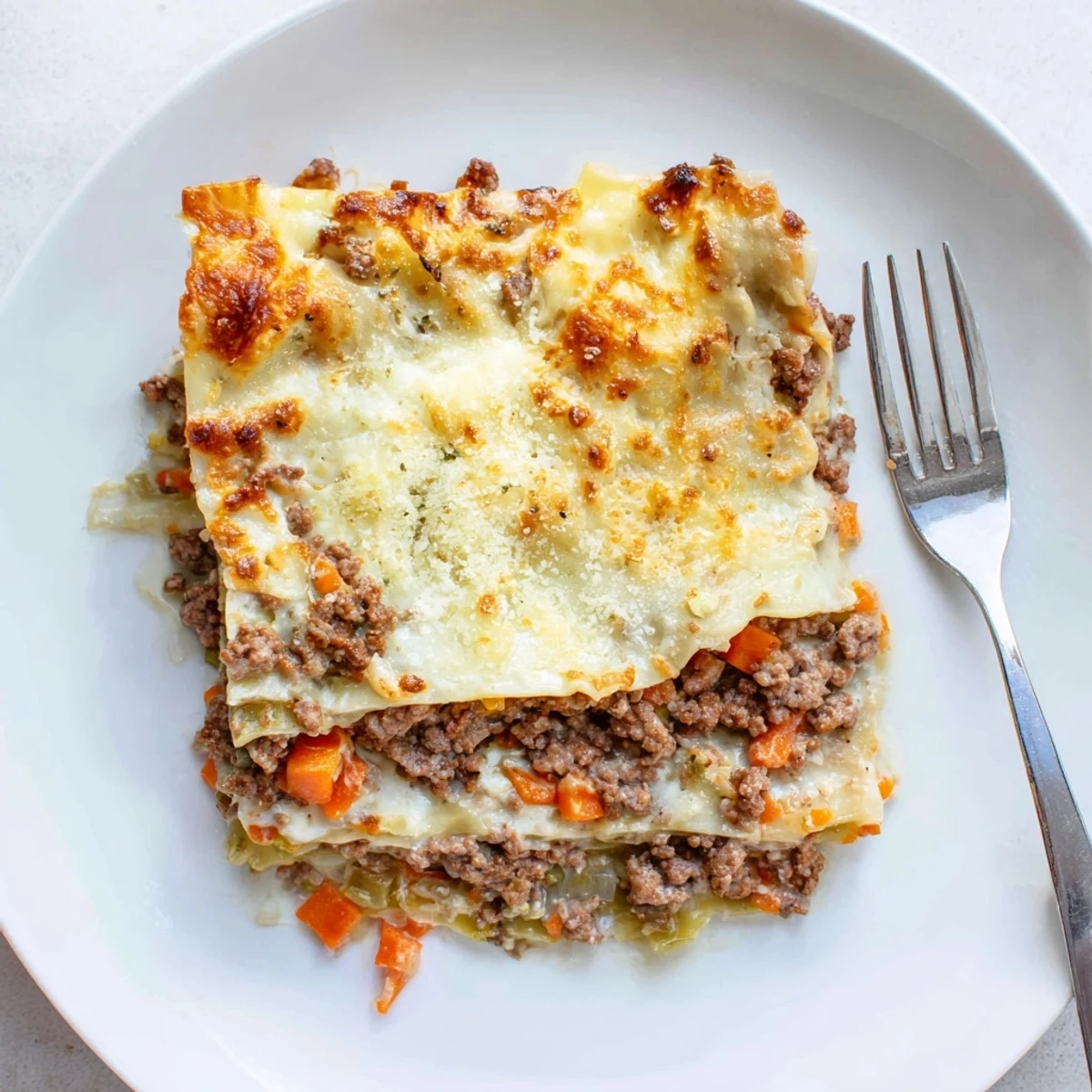 Square slice of classic beef lasagne showing tender pasta sheets sandwiching savory beef and creamy bechamel