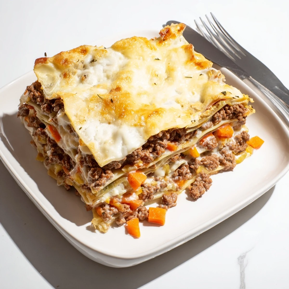 Freshly baked classic beef lasagne topped with golden parmesan and oozing mozzarella on a white serving plate