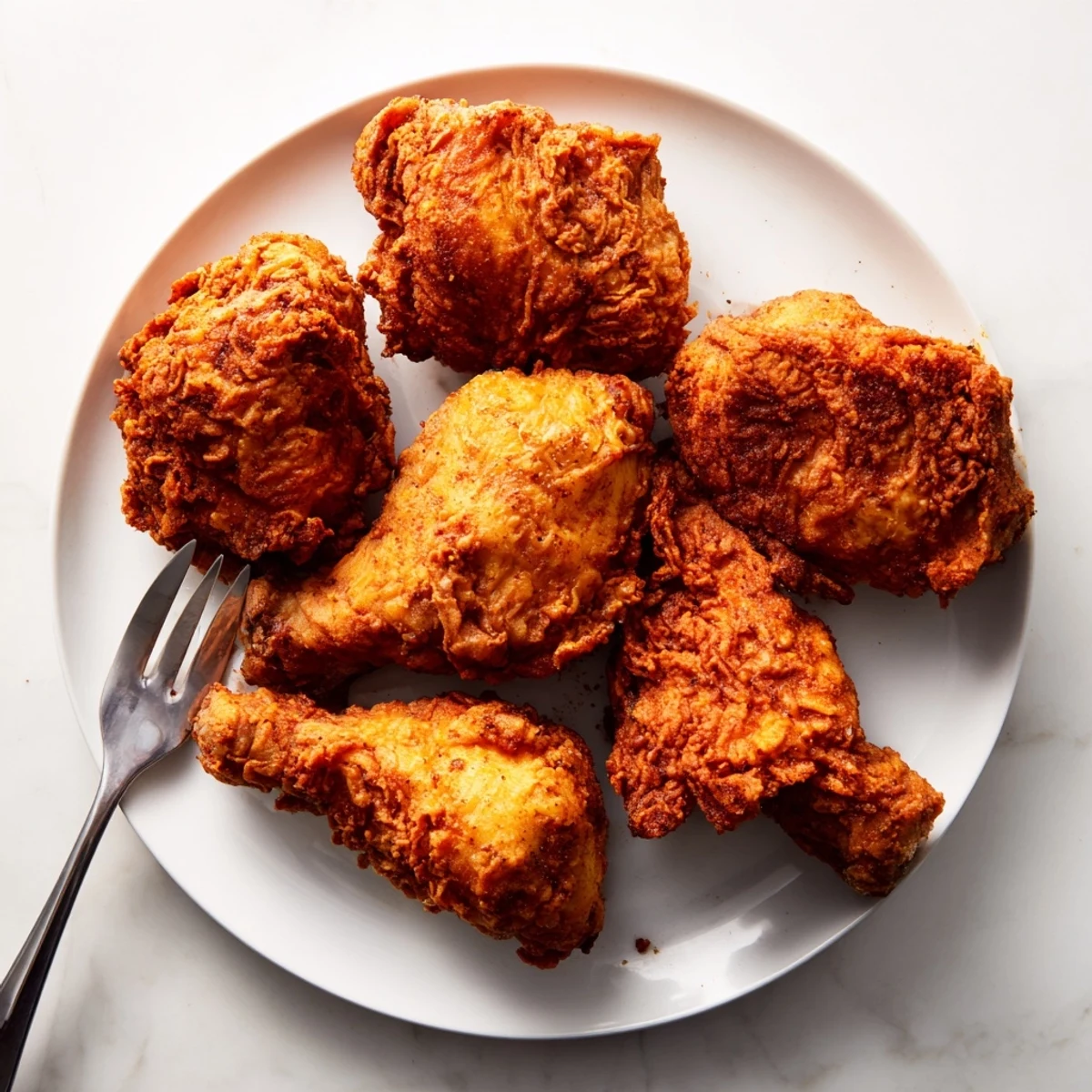 Golden brown crispy Southern fried chicken pieces arranged on a wire rack after deep frying