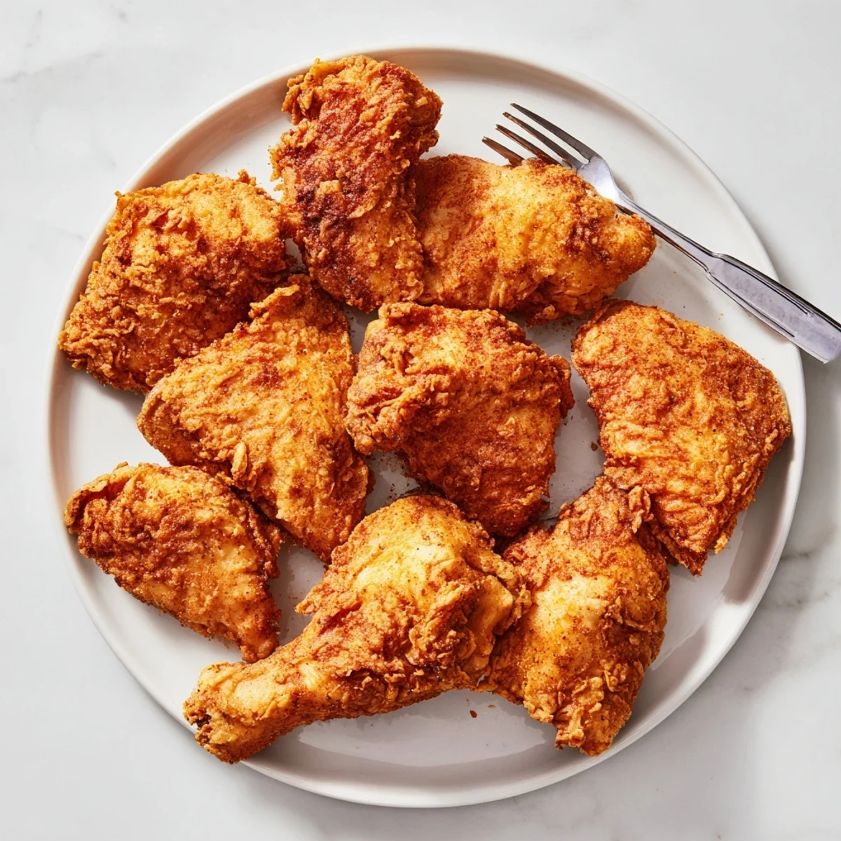 Homemade Southern fried chicken drumsticks and thighs displaying perfect golden crispy texture and steam rising