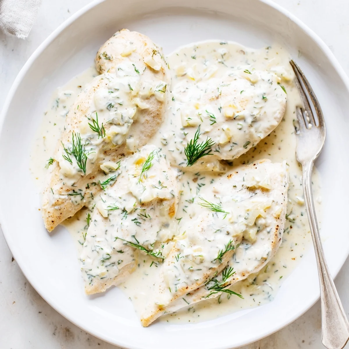 Tender creamy dill chicken plated with fresh herb garnish and rich sauce