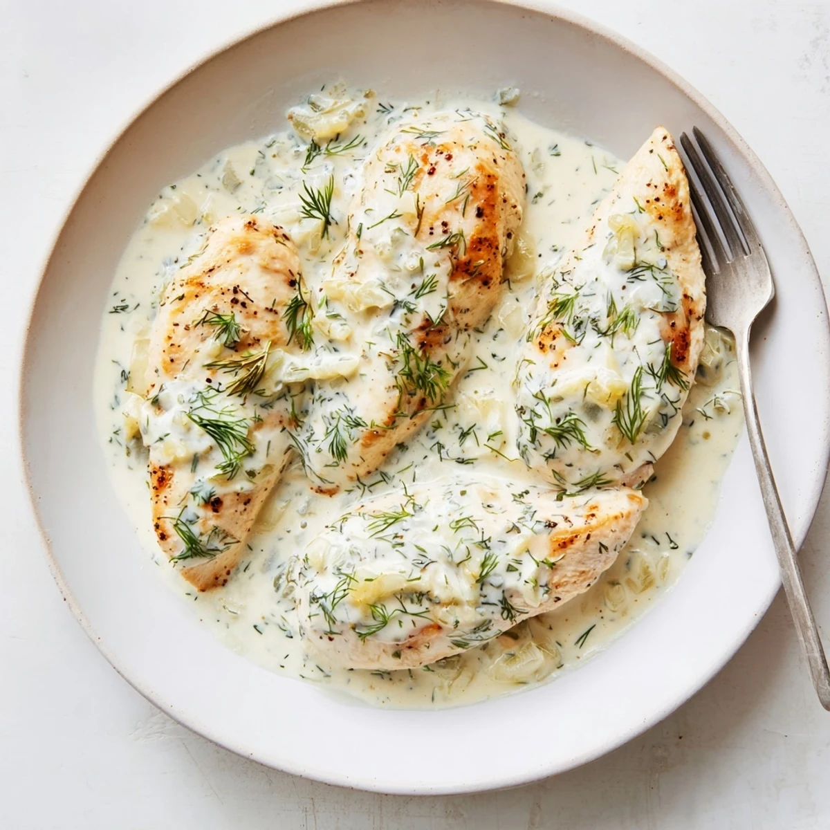 Savory chicken simmered in thick dill cream sauce served over white platter