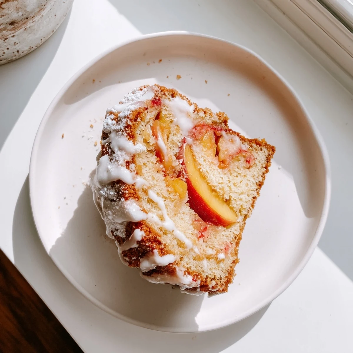 Golden vanilla glaze drips down moist peach cobbler pound cake with spiced fruit peeking through