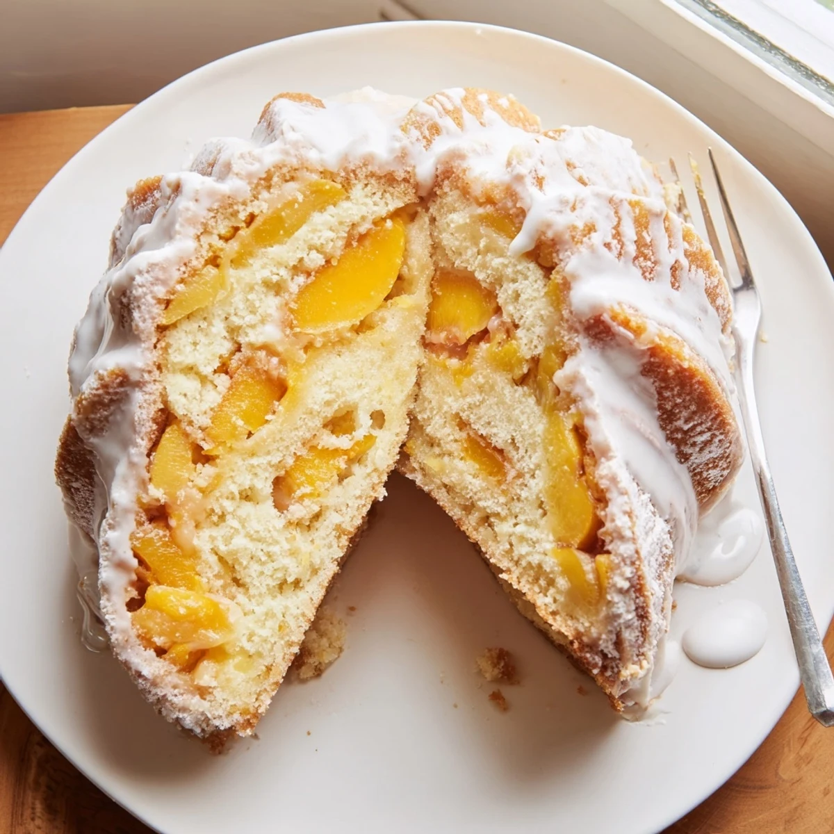 Buttery peach cobbler pound cake slice topped with sweet glazed peaches and warm cinnamon aroma