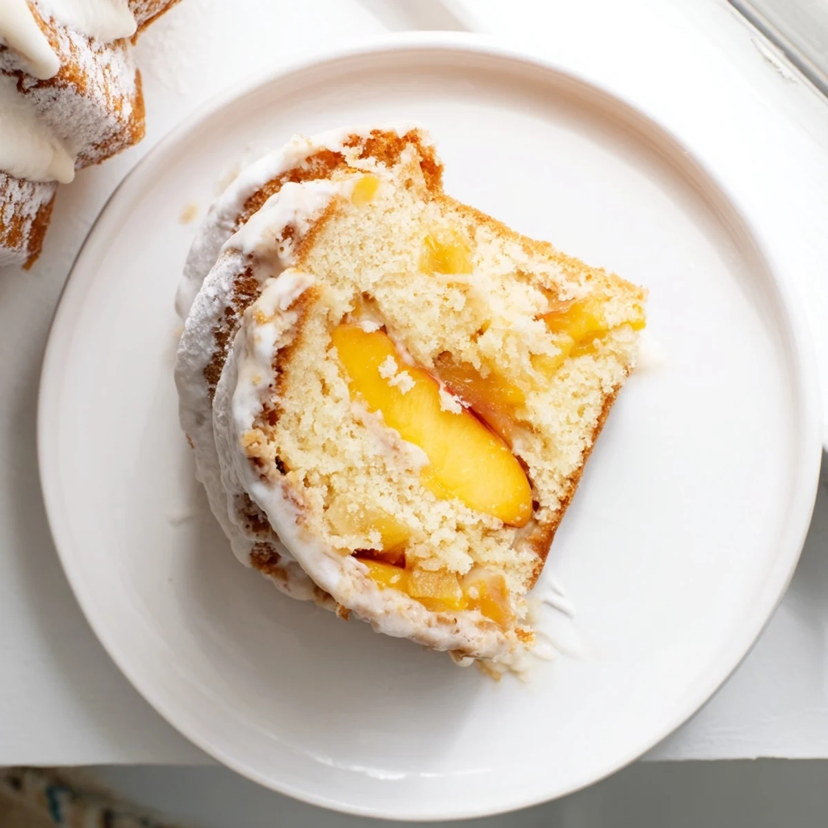 Decadent peach cobbler pound cake swirled with juicy fresh peaches and drizzled with white vanilla icing