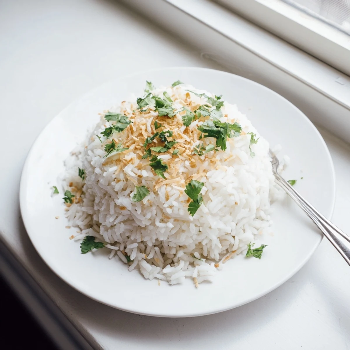 Fluffy coconut rice garnished with toasted coconut flakes and fresh cilantro in a white serving bowl