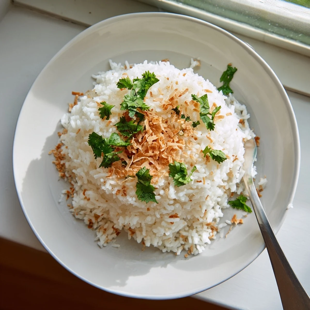 Steaming plate of fragrant fluffy coconut rice paired with spicy Thai curry and grilled vegetables