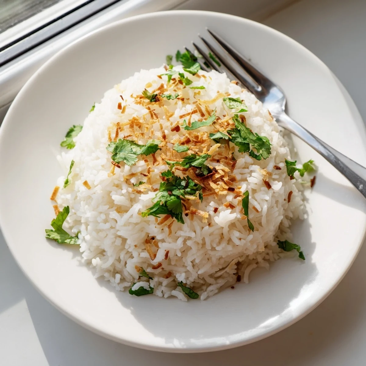 Close-up of tender fluffy coconut rice grains sprinkled with toasted coconut and green scallions