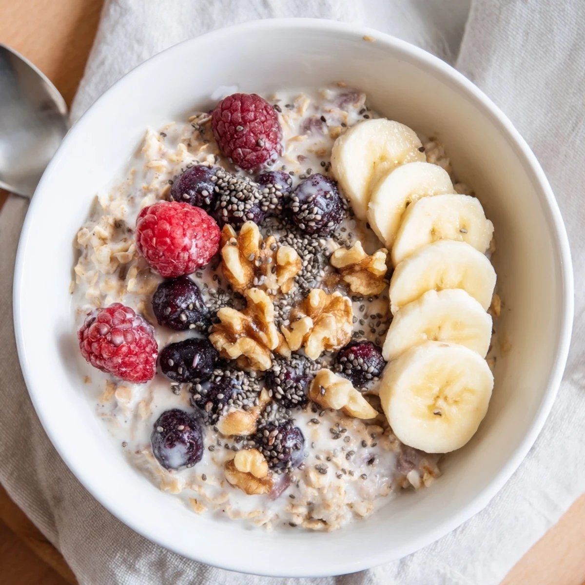 Creamy brown sugar overnight oats topped with fresh berries and chopped walnuts in a glass jar