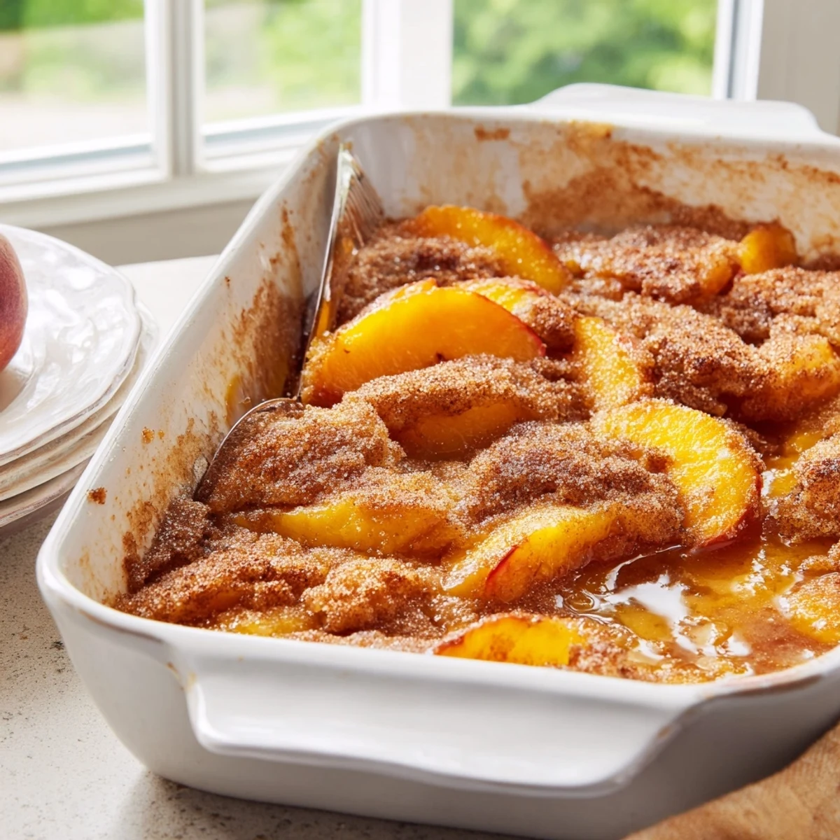 Golden brown classic peach cobbler with bubbling fruit filling under a flaky homemade pastry crust