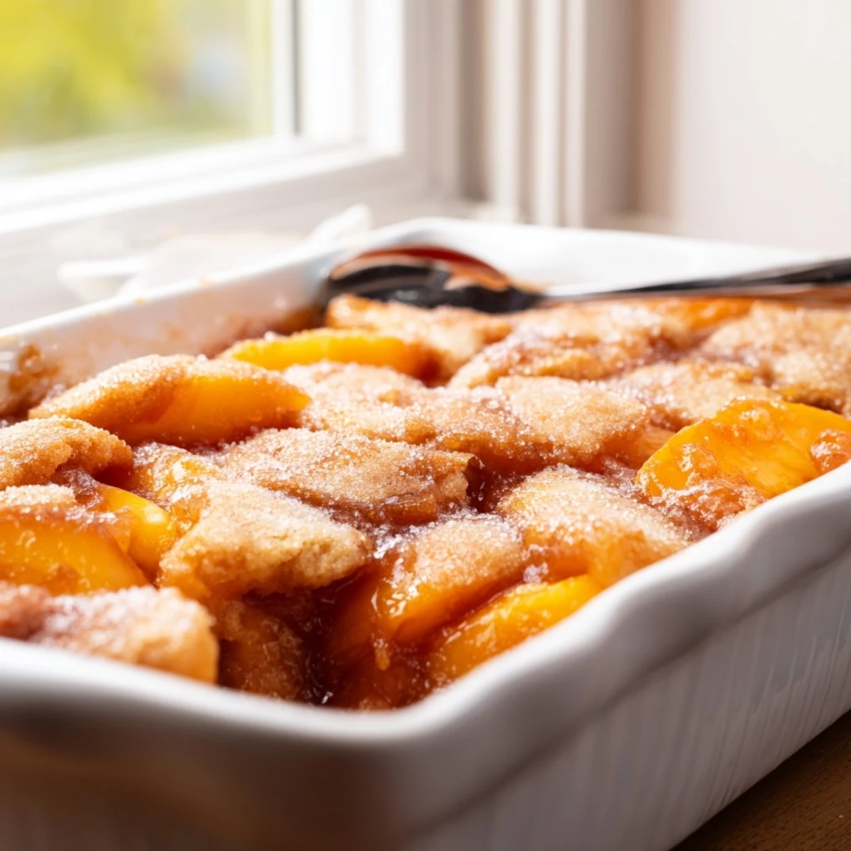 Warm classic peach cobbler served in a baking dish with tender sliced peaches beneath buttery topping
