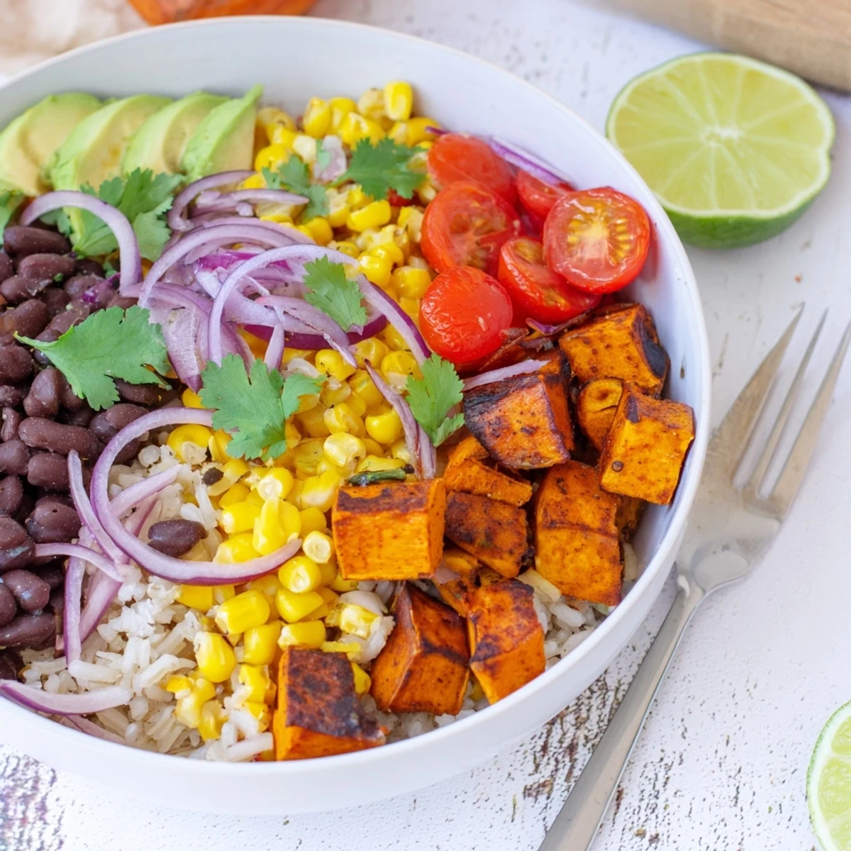 Vegan sweet potato burrito bowl with colorful roasted vegetables, beans, and creamy avocado slices