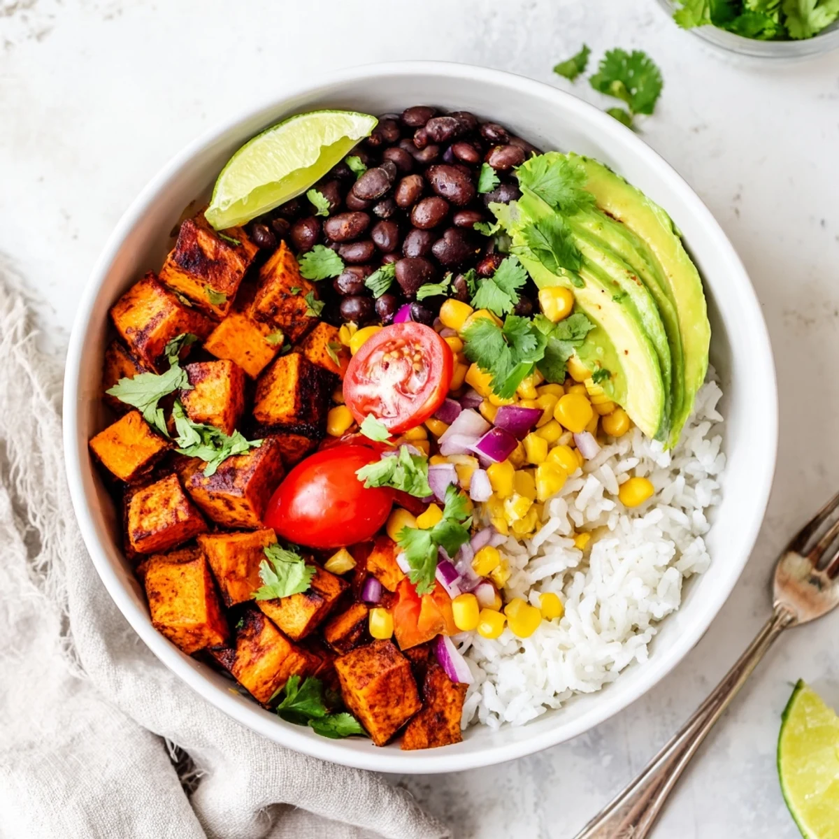 Wholesome vegan sweet potato burrito bowl featuring zesty lime rice and crisp vegetable toppings