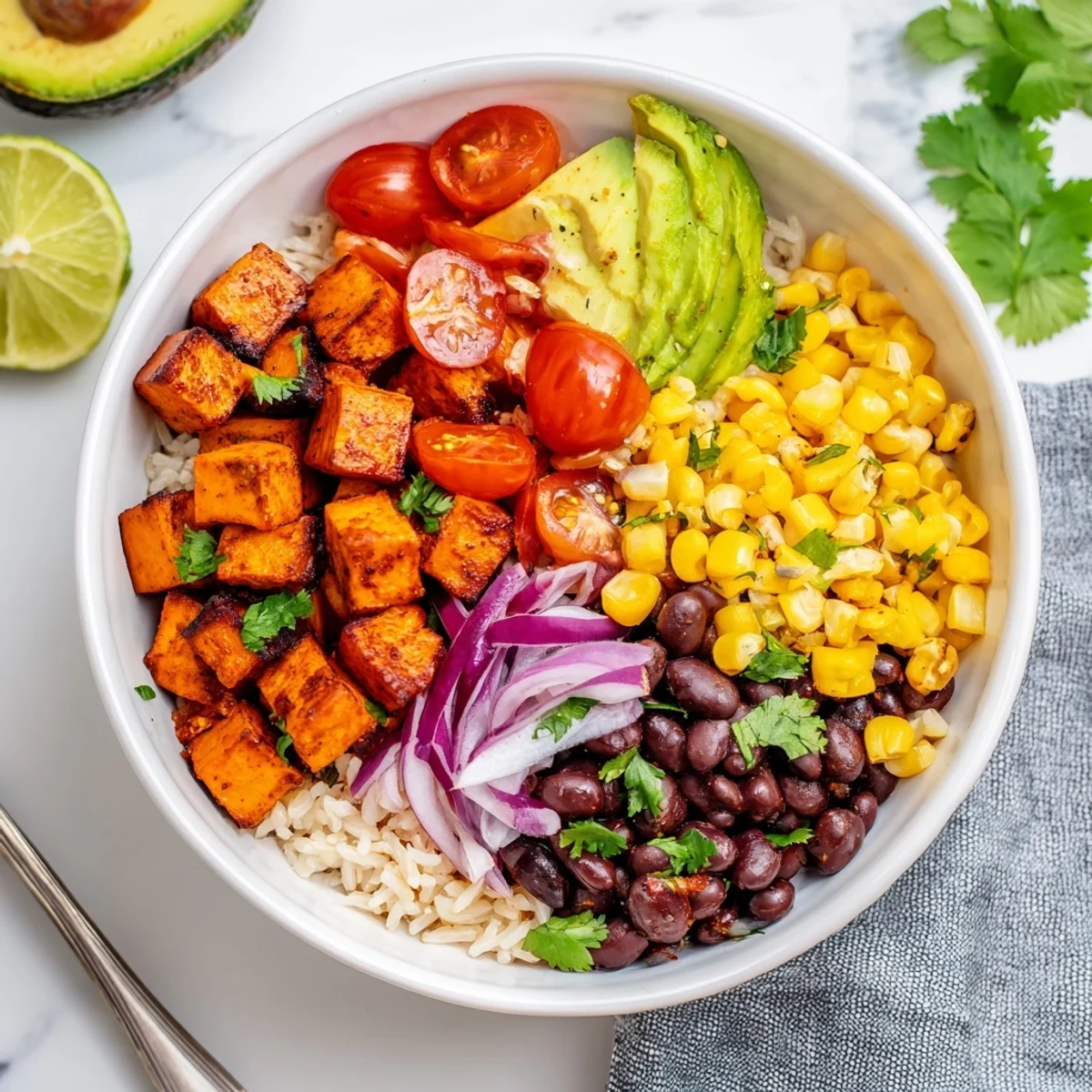 Colorful Mexican-inspired vegan sweet potato burrito bowl topped with fresh cilantro and lime wedges