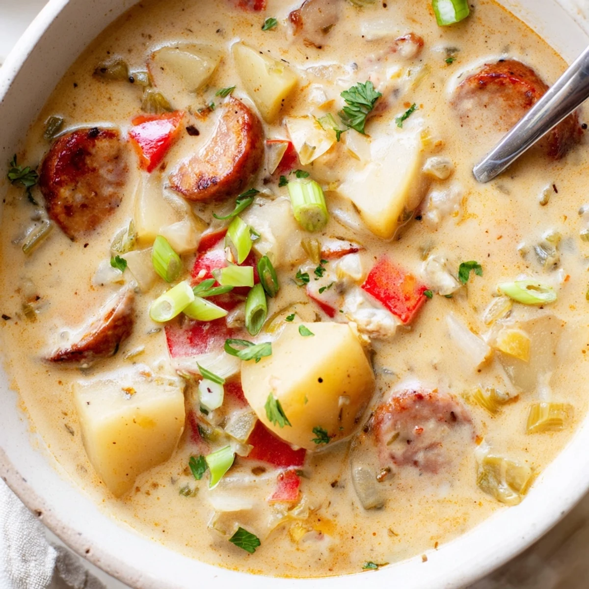 Rich and creamy Cajun potato soup loaded with smoky andouille sausage and tender diced vegetables