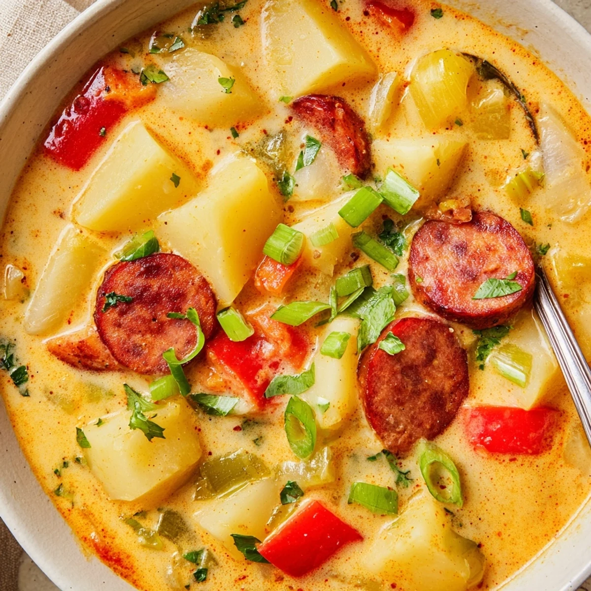 Hearty Cajun potato soup bowl garnished with fresh green onions and chopped parsley