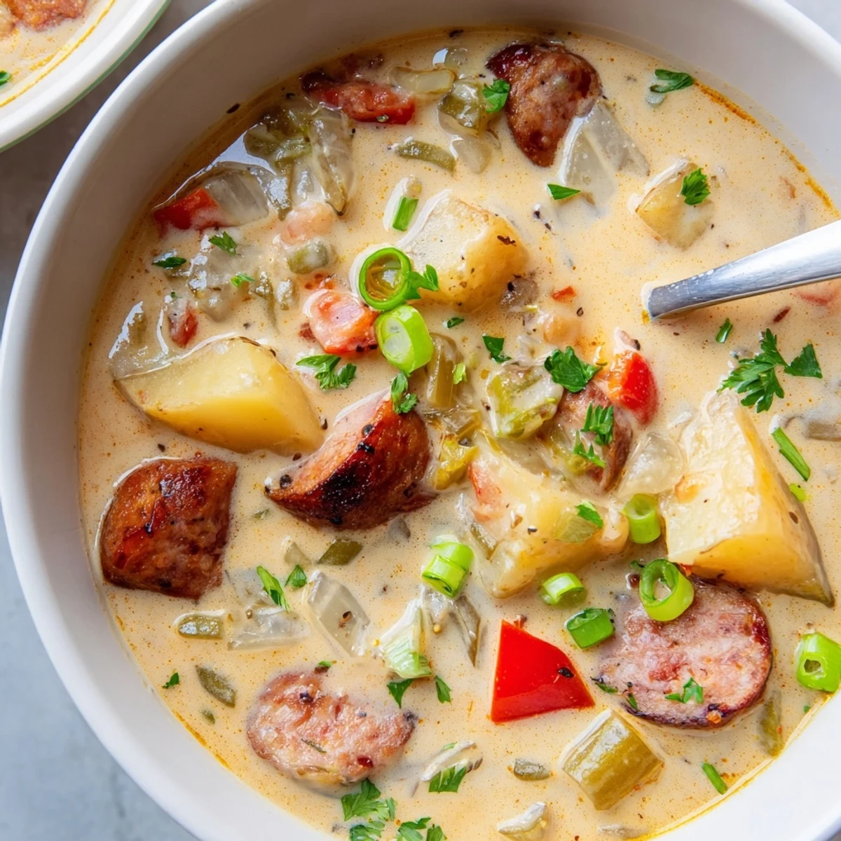 Steamy Cajun potato soup featuring chunky russet potatoes in a spicy seasoned cream broth