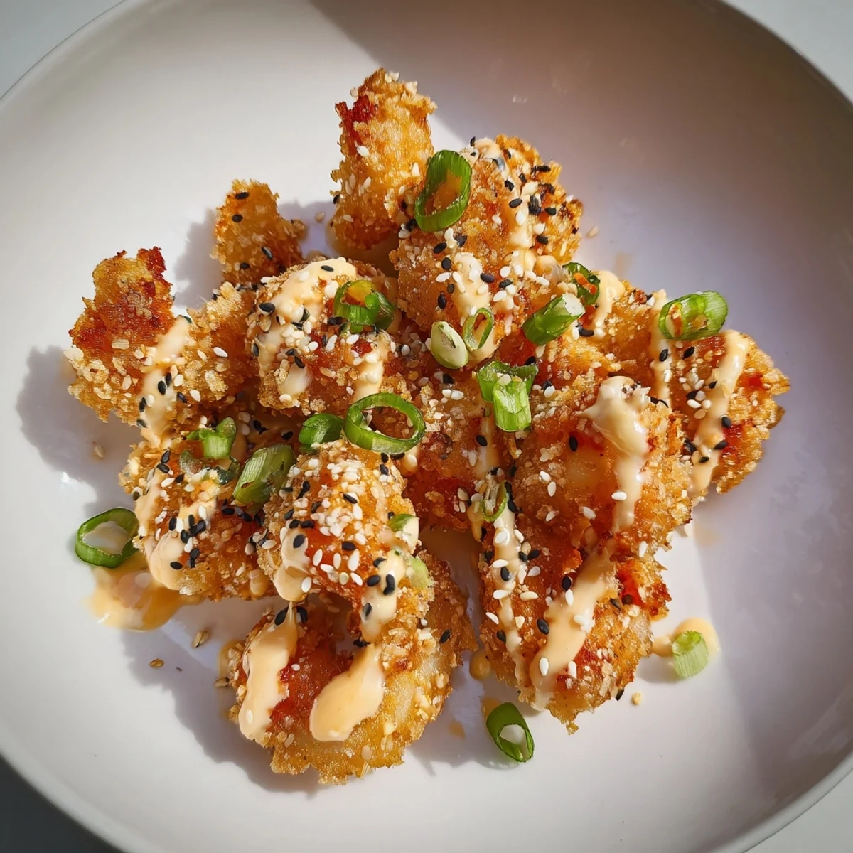 Crispy breaded Bang Bang shrimp drizzled with sweet chili Sriracha mayonnaise sauce