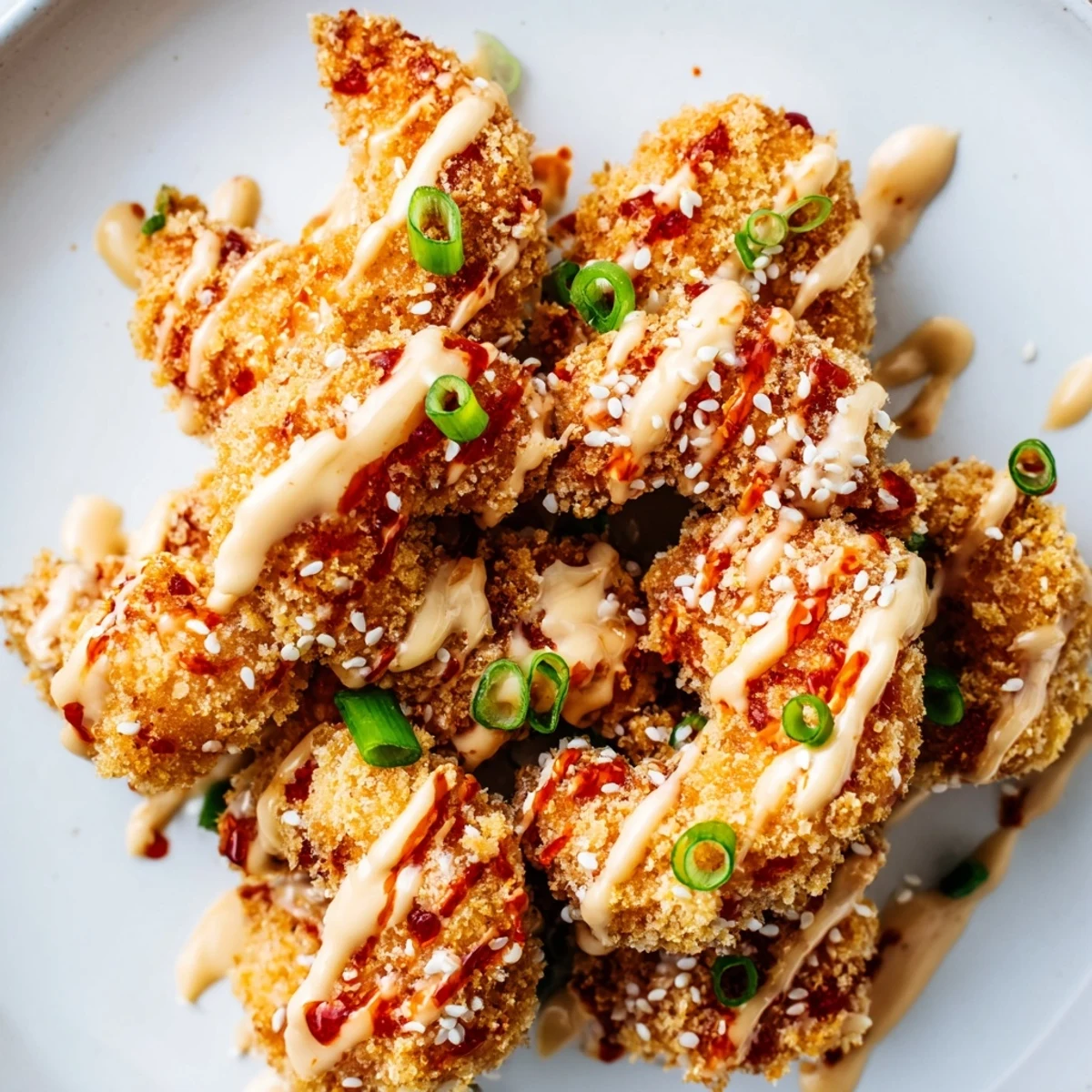 Platter of Bang Bang shrimp appetizer tossed in spicy cream sauce and sesame seeds