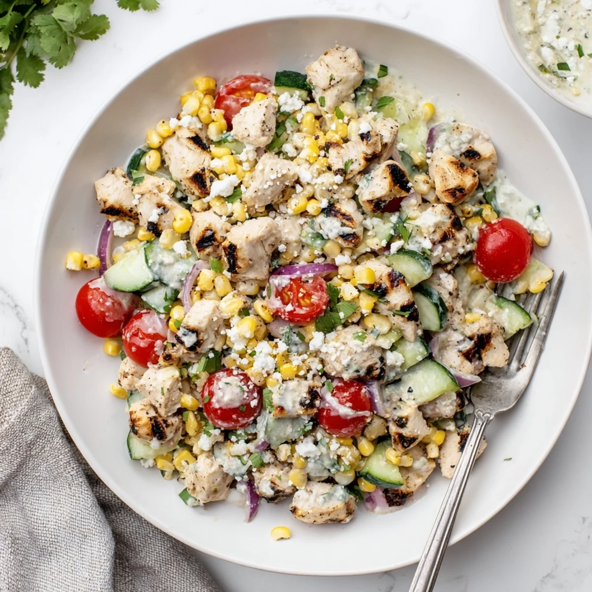 Colorful bowl of street corn creamy cucumber chicken salad topped with cotija cheese, fresh cilantro, and cherry tomato halves