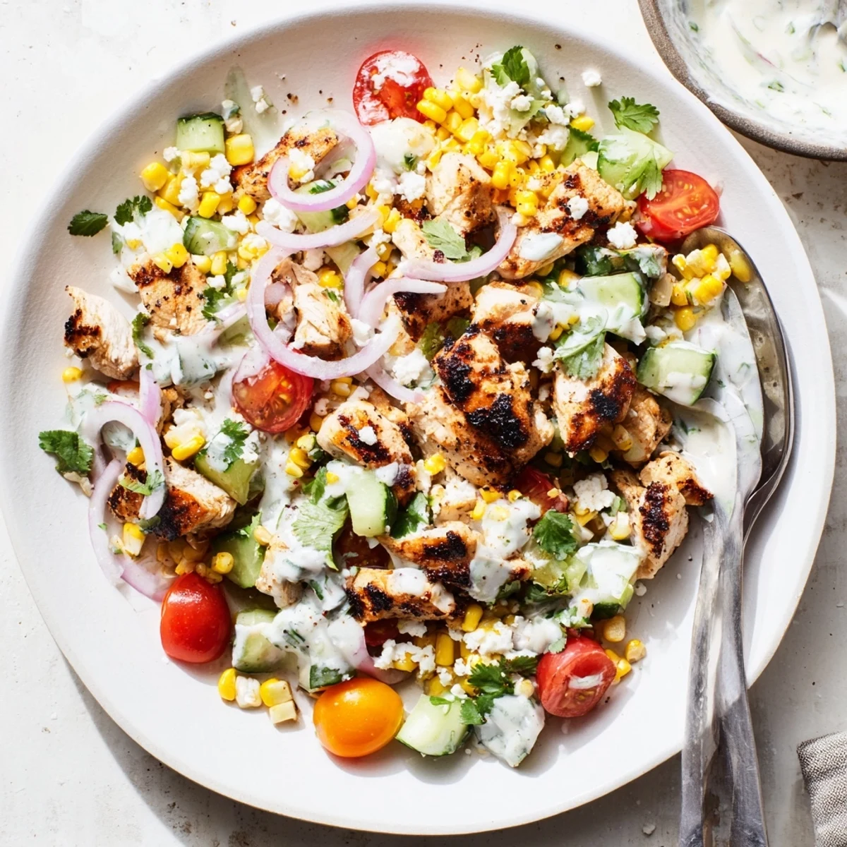 Street corn creamy cucumber chicken salad featuring grilled chicken breast, charred corn, and crisp vegetables in tangy lime dressing