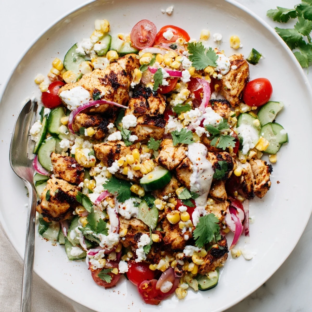 Summer-ready street corn creamy cucumber chicken salad with juicy grilled chunks, sweet corn, and cooling cucumber in creamy spiced dressing