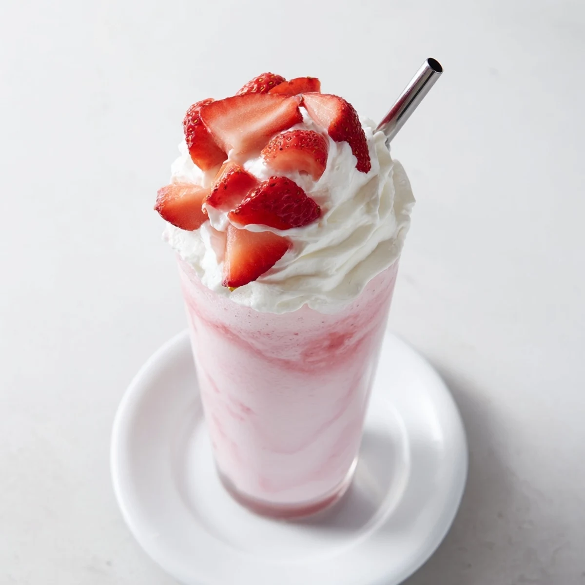 Tall glass of refreshing strawberry cream frappuccino topped with whipped cream and fresh strawberry slices