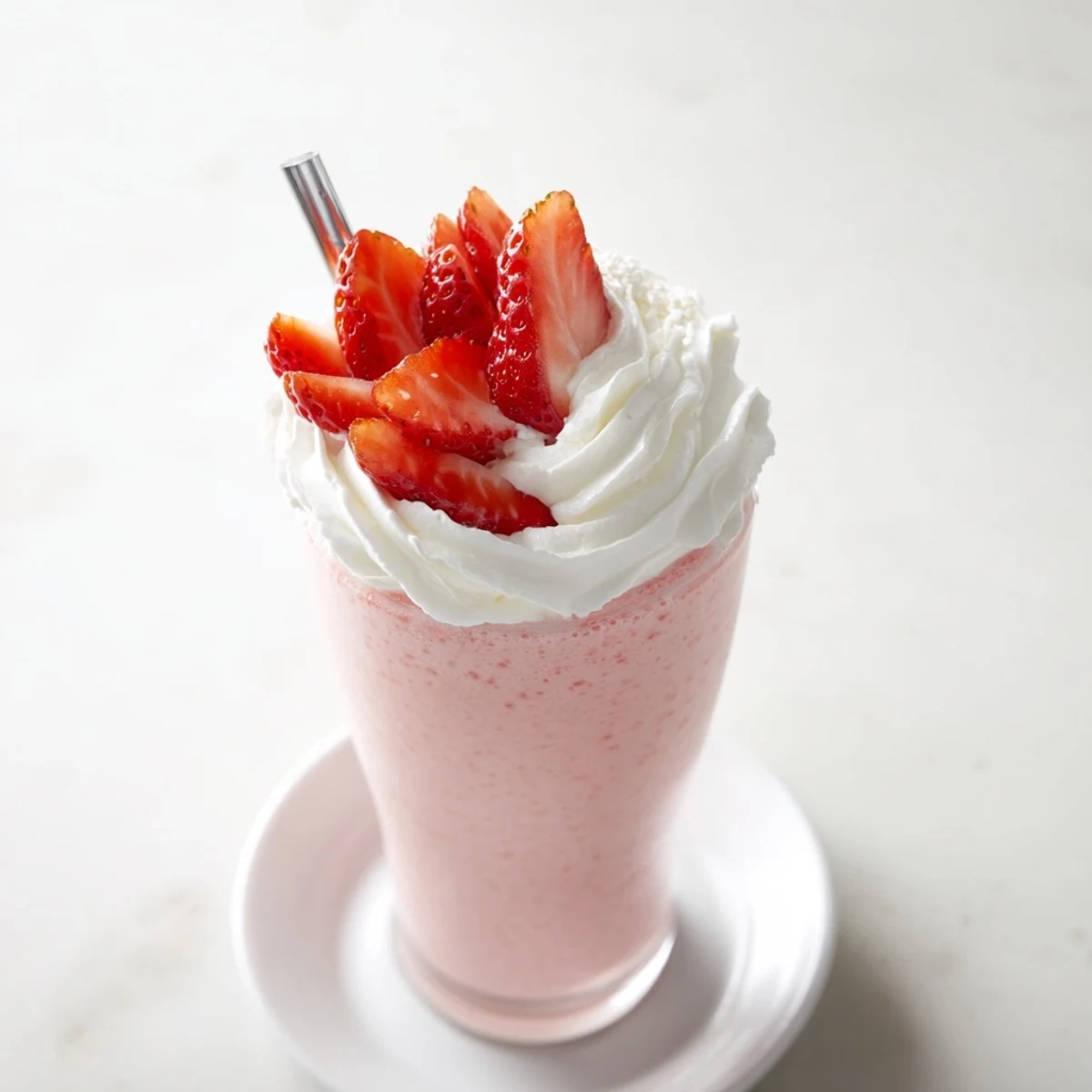 Creamy vanilla strawberry frappuccino drink with ice cubes and strawberry garnish on a sunny day
