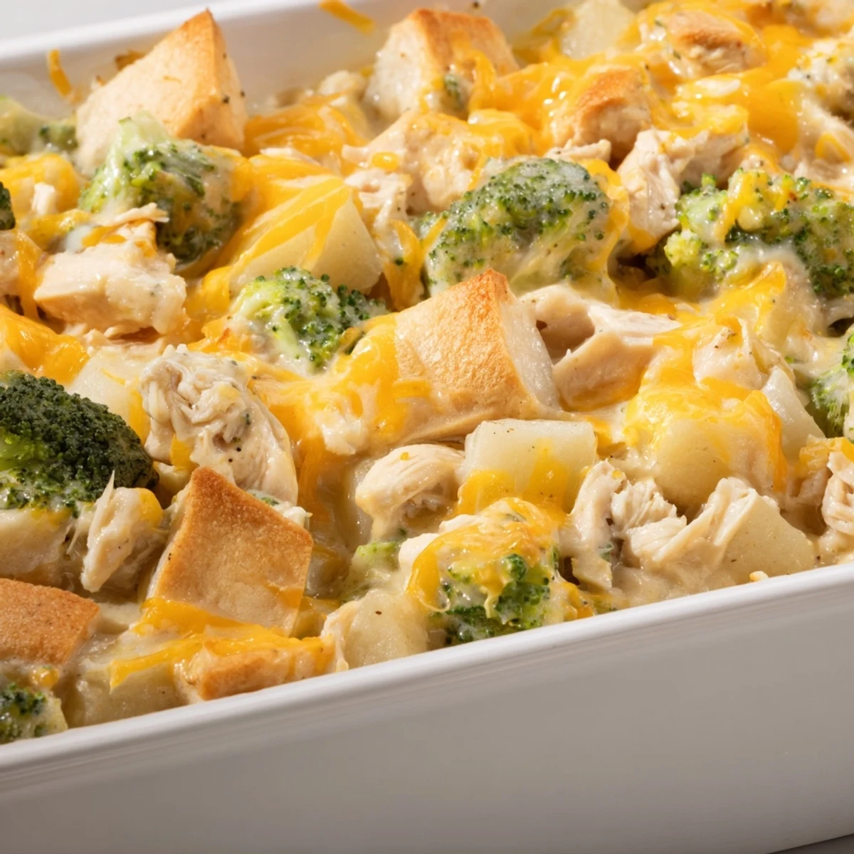 Creamy chicken and potato casserole with tender broccoli florets baked until bubbly and golden brown