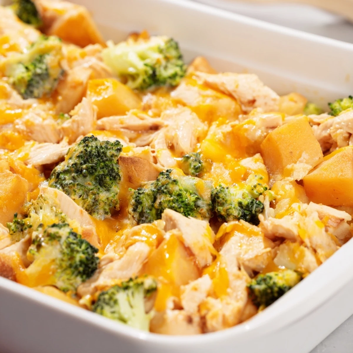 Golden baked potato chicken broccoli casserole topped with melted cheddar cheese in a serving dish