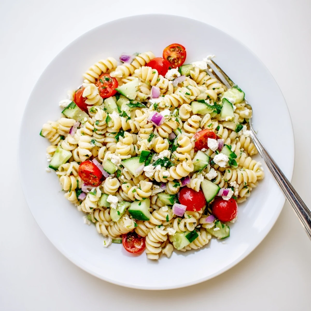 Bright bowl of lemon pasta salad tossed with cherry tomatoes cucumber and fresh herbs in a light citrus dressing
