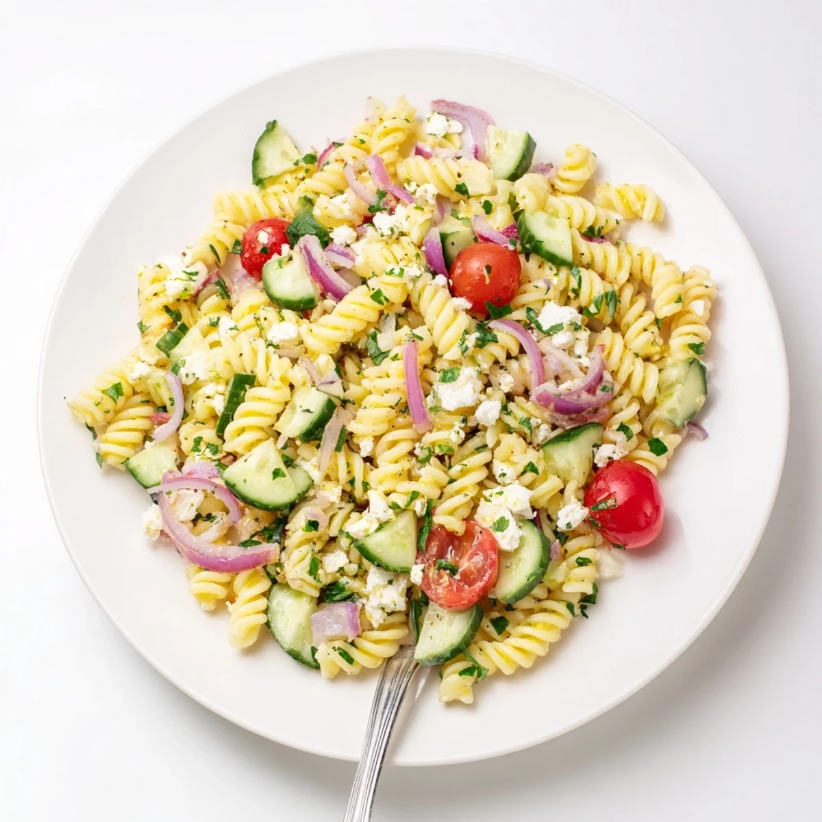 Refreshing lemon pasta salad featuring al dente noodles crisp vegetables and crumbled feta cheese for a perfect summer side