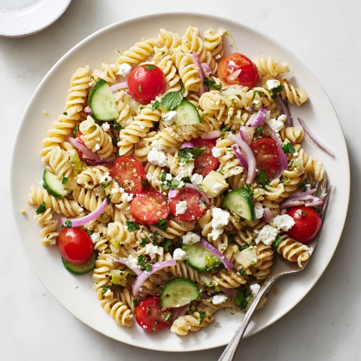 Mediterranean style lemon pasta salad with colorful diced veggies and fragrant basil leaves ready for picnics or barbecues