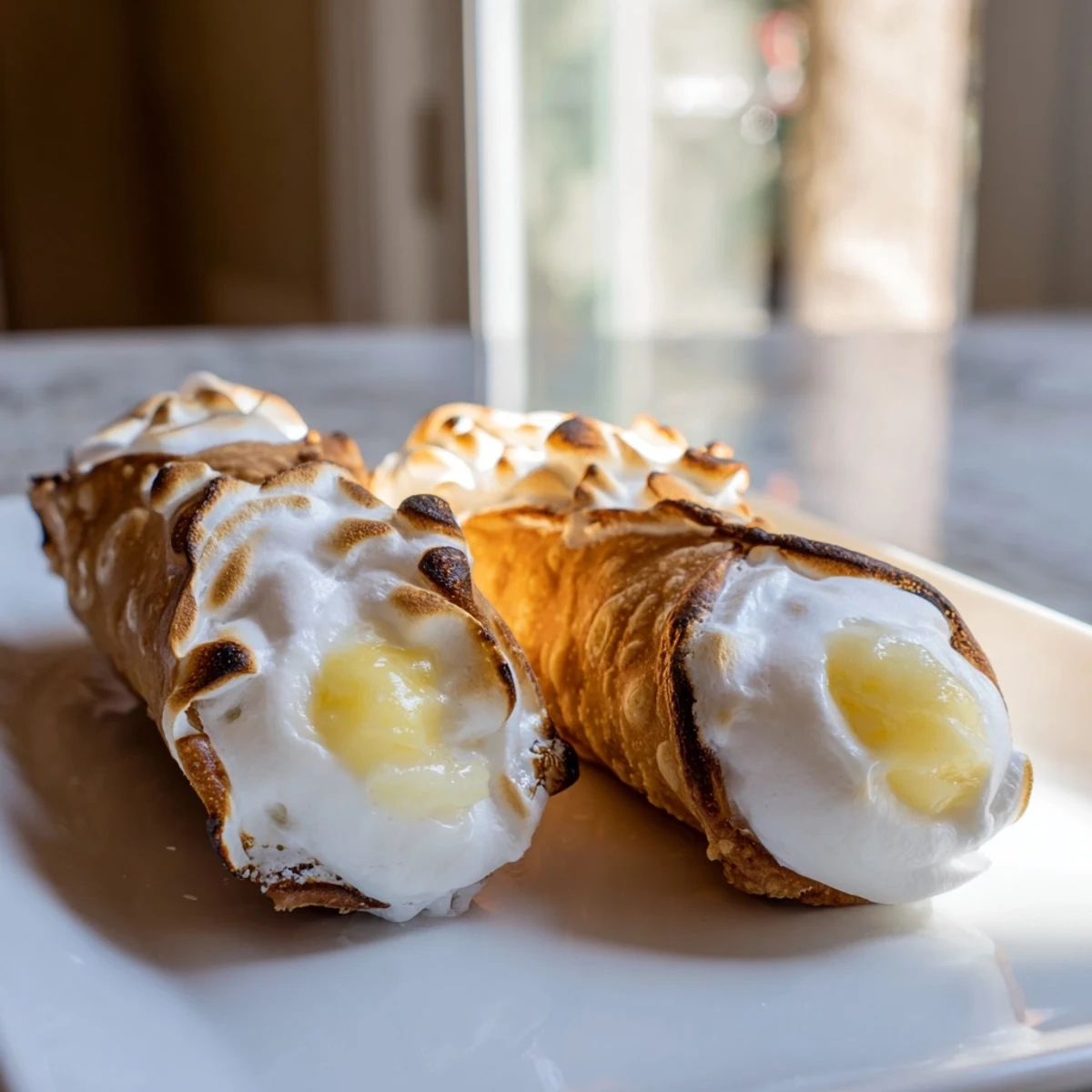 Golden-brown easy lemon meringue cannoli filled with creamy zesty ricotta and topped with toasted marshmallow meringue