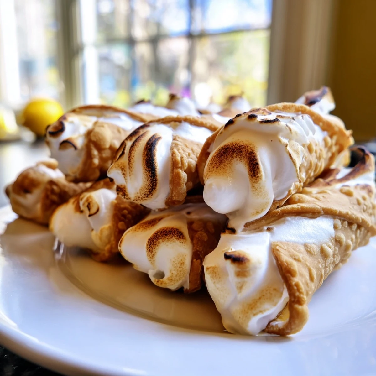 Crispy Italian pastry shells piped with bright lemon cream and finished with lightly torched fluffy meringue peaks