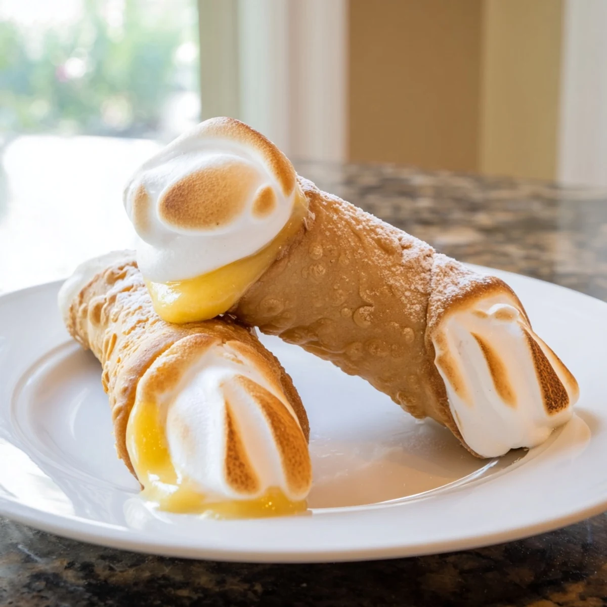 Homemade easy lemon meringue cannoli featuring tangy lemon ricotta filling crowned with golden caramelized meringue swirls