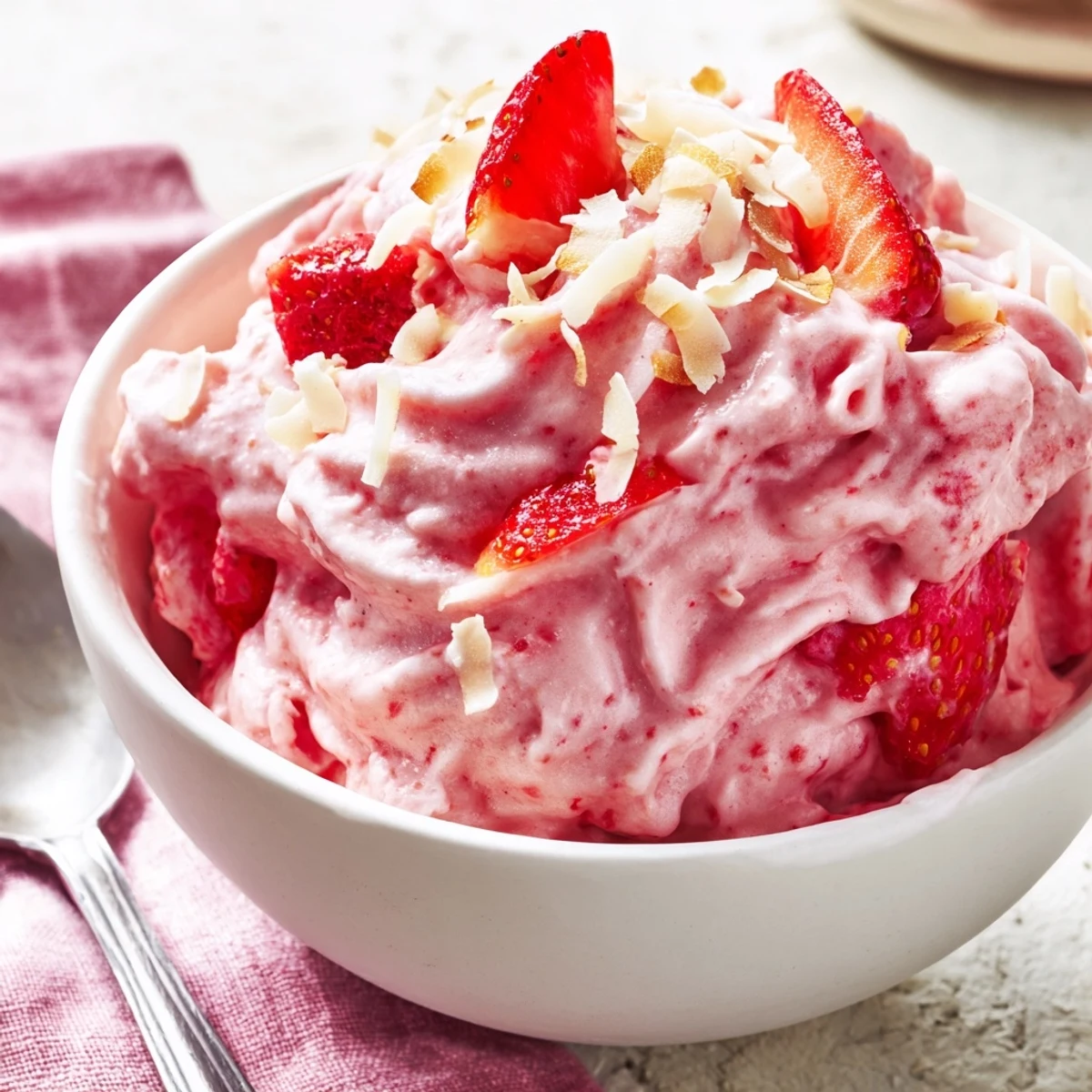 Creamy frozen strawberry Dole Whip delight swirled into a serving bowl with fresh strawberry garnish