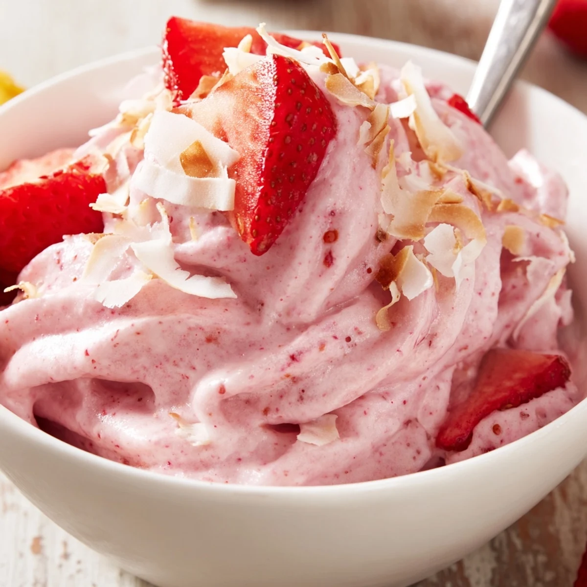 Vegan strawberry Dole Whip delight scooped into a waffle cone topped with toasted coconut flakes