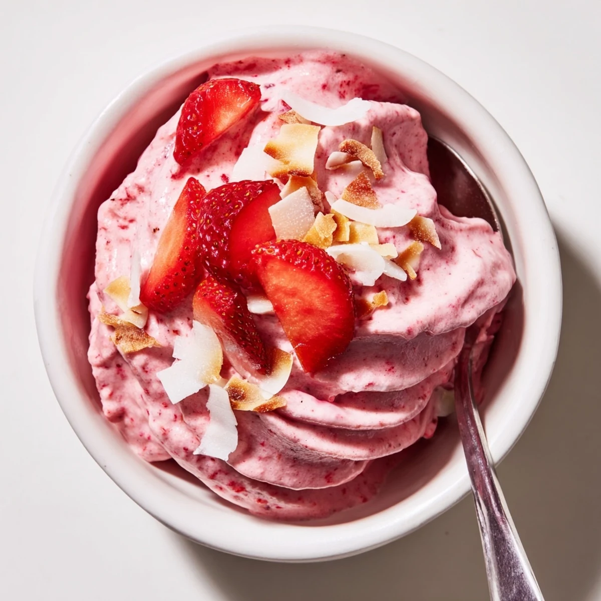 Tall glass of frozen strawberry Dole Whip delight garnished with fresh mint leaves and strawberry slices