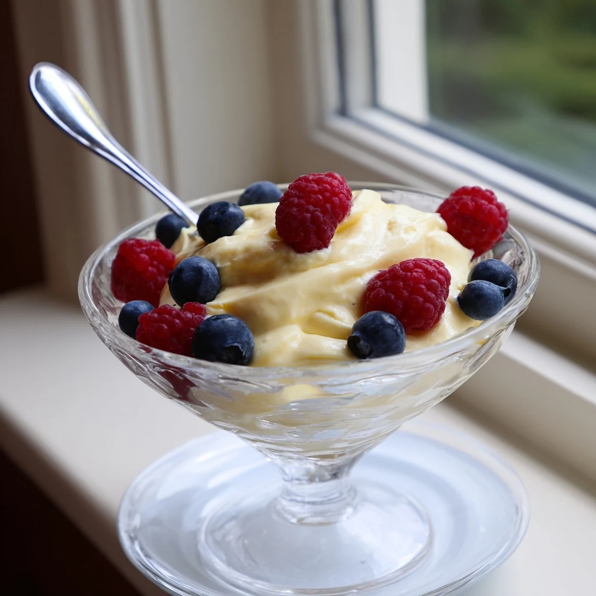 Golden homemade zabaglione custard served warm in elegant glass bowls with fresh berry garnish