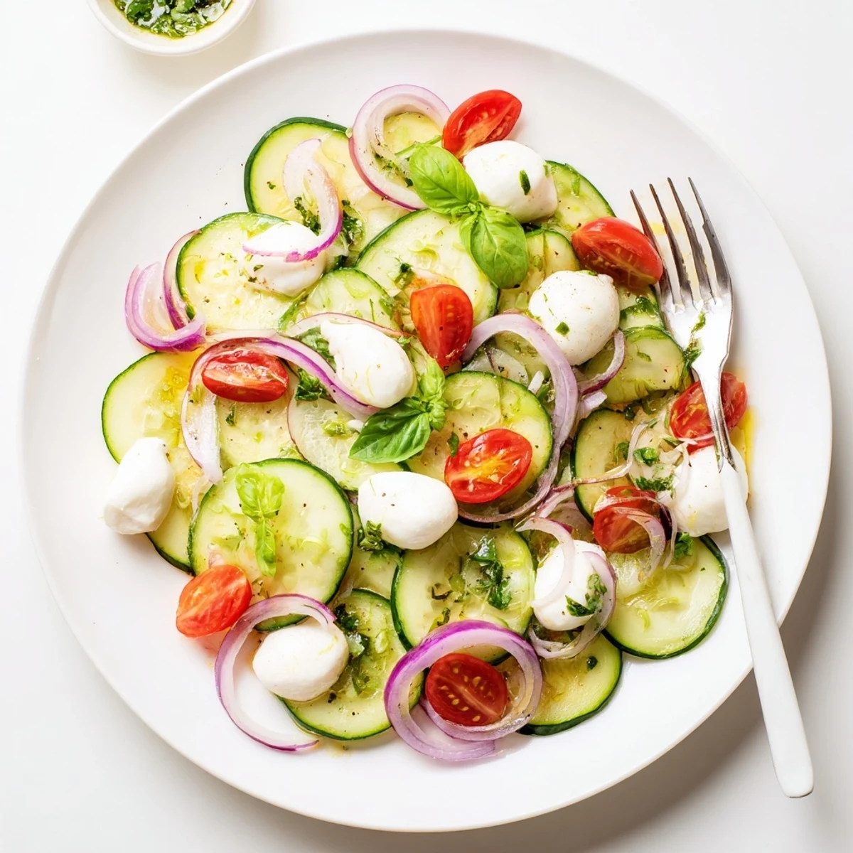 Fresh cucumber mozzarella salad bowl with cherry tomatoes, basil, and tangy herb dressing