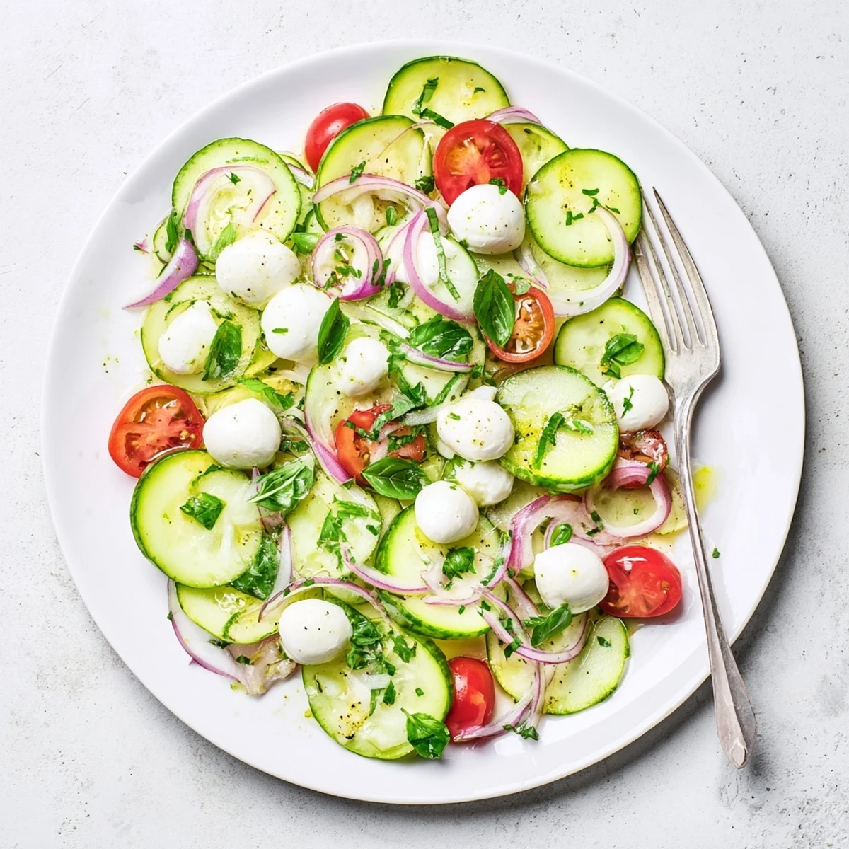 Garden-style cucumber mozzarella salad plated with crisp vegetables, bocconcini, and olive oil drizzle
