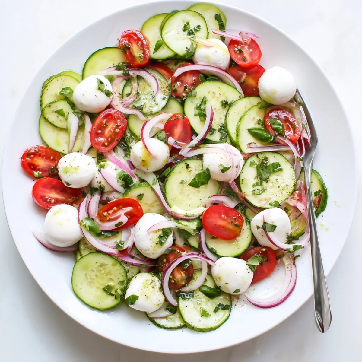 Mediterranean cucumber mozzarella salad featuring sliced cucumbers, halved mozzarella balls, and fresh parsley garnish